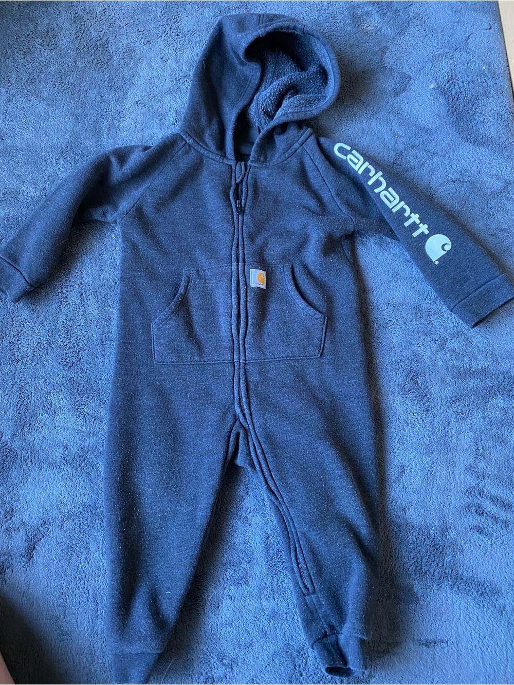 Carhartt Kids Dark Gray Hooded Zip One-Piece Coverall with Logo Sleeve
